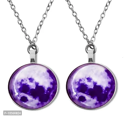 Adhvik (Pack Of 2 Pcs) Stainless Steel Romantic Glow in the Dark Rising Purple Moon Handmade Crystal Glass Dome Lunar Eclipse Alloy Luminous Pendant Locket Necklace With Chain