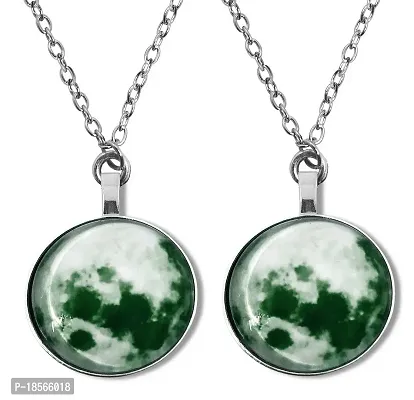 Adhvik (Pack Of 2 Pcs) Stainless Steel Romantic Glow in the Dark Rising Jungle Green Moon Handmade Crystal Glass Dome Lunar Eclipse Alloy Luminous Pendant Locket Necklace With Chain