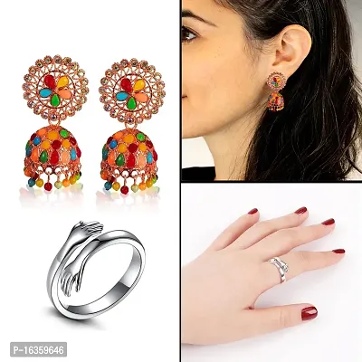 Adhvik Combo of Stylish Multicolor Latest Design Jarkan Dangler Metal Jhumki Earring with Silver Hug Me Thumb Finger Ring-thumb0