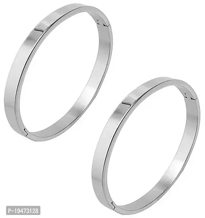 Adhvik (Set Of 2 Pcs)  Silver Color 6cm Diameter Unisex Stylish Valentine's Day Special Stainless Steel Plain Openable Lock Friendship Hand Cuff Wrist Kada Bangle Couple Bracelet-thumb0