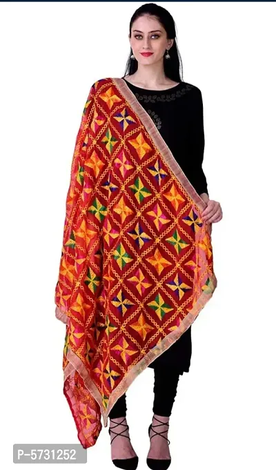 Alluring Chiffon Phulkari Embroidered Dupatta For Women-thumb0