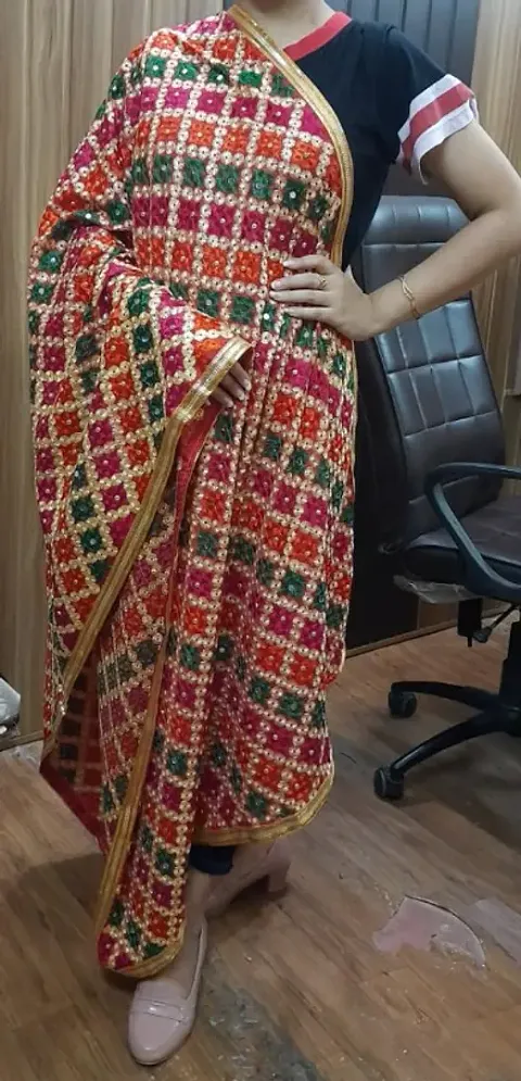 Classy Silk Blend Phulkari Embroidered And Mirror Work Dupatta For Women