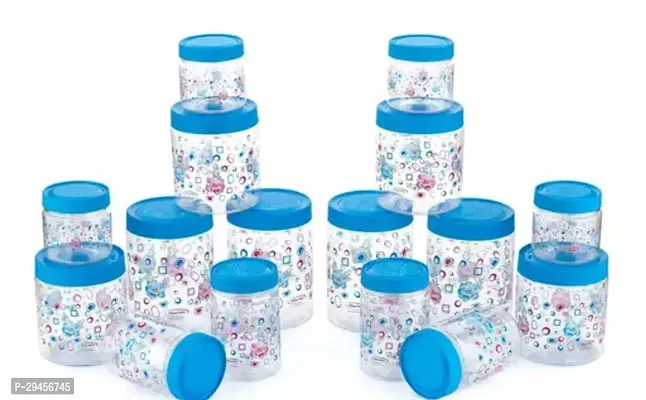 Kitchen grocery storage Jar  Container Heavy Quality Dynamic flower Printed design with spoon combo set of 16 Plastic jar 4 pcs250 ml 4 pcs500 ml 4 pcs750ml 4 pcs1000ml blue