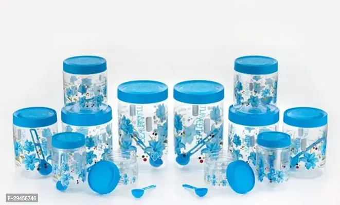 Classic Round Airtight Transparent Beauty Fresh Flower Printed Jars with Spoons 2pcs of 250ml 2pcs of 500ml 2pcs of 750ml 2pcs of 1000ml 2pcs of 1500ml 2pcs of 2000ml  blue Colour Pack of 12 pcs Jars and 12 pcs of Spoons-thumb0