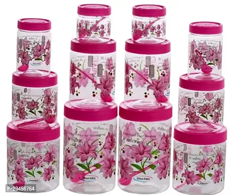 Classic Round Airtight Transparent Beauty Fresh Flower Printed Jars with Spoons 2pcs of 250ml 2pcs of 500ml 2pcs of 750ml 2pcs of 1000ml 2pcs of 1500ml 2pcs of 2000ml  blue Colour  Pack of 12 pcs Jars and 12 pcs of Spoons-thumb0