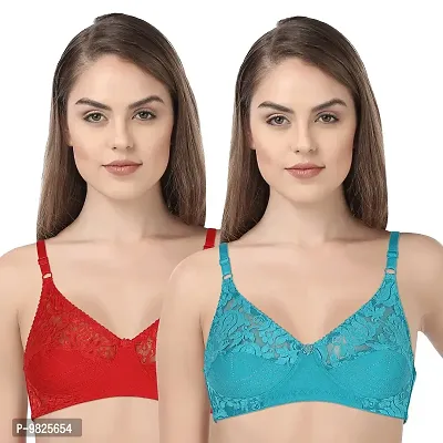 INNER TOUCH Cotton Fancy Net Non-Wired Women's Bra (Pack of 2, Red,Rama Green)