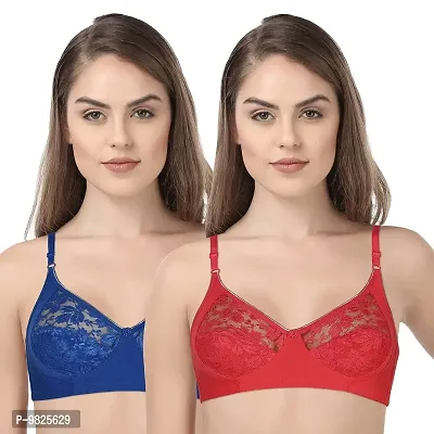 INNER TOUCH Women's Blended Cotton and Net Fancy Bra (Pack of 2, Royal Blue, Rose Red, 38B)-thumb0