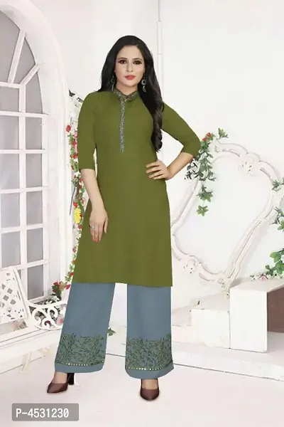 Stylish Green Heavy Rayon Embroidered Women Kurta Palazzo Set