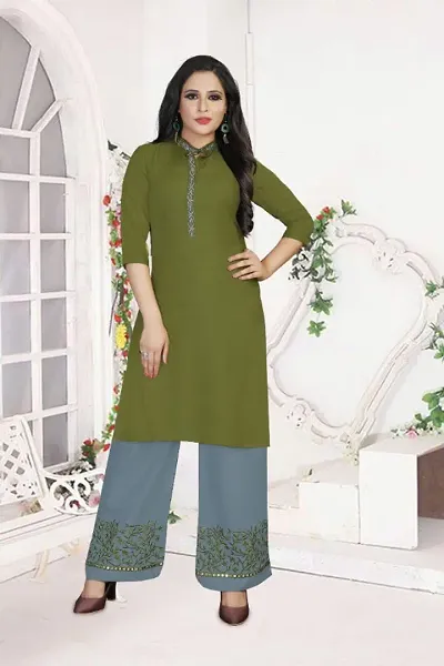 Stylish Heavy Rayon Embroidered Women Kurta Palazzo Set