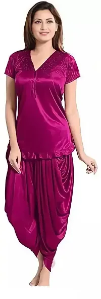 Elegant Purple Satin Solid Night Suits For Women