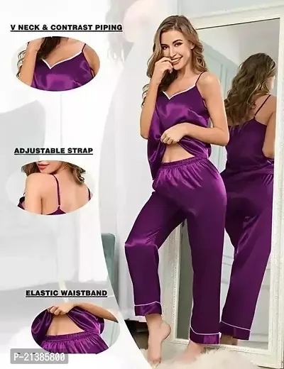 Elegant Purple Satin Solid Night Suits For Women