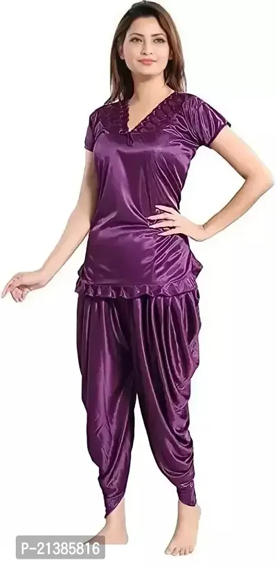 Elegant Purple Satin Solid Night Suits For Women-thumb0