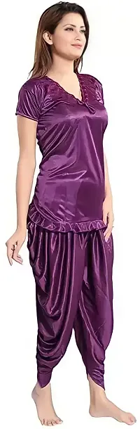 Elegant Purple Satin Solid Night Suits For Women-thumb2