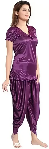 Elegant Purple Satin Solid Night Suits For Women-thumb3