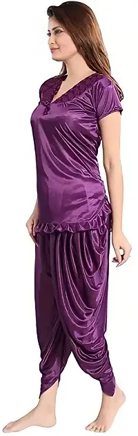 Elegant Purple Satin Solid Night Suits For Women-thumb1