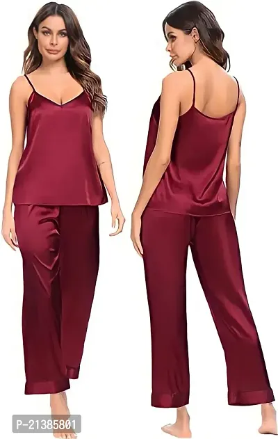 Elegant Maroon Satin Solid Night Suits For Women