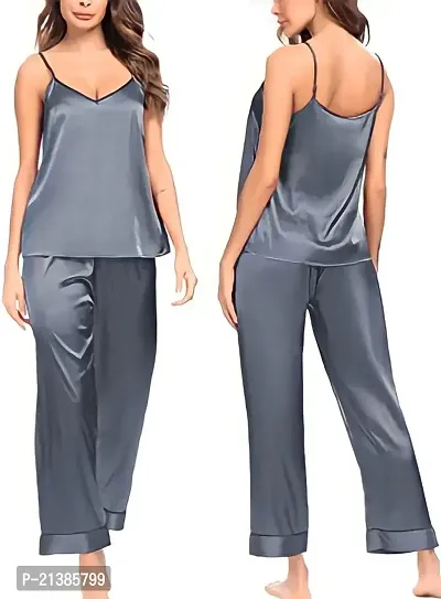 Elegant Grey Satin Solid Night Suits For Women-thumb0