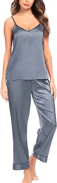 Elegant Grey Satin Solid Night Suits For Women-thumb2