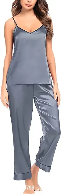 Elegant Grey Satin Solid Night Suits For Women-thumb3