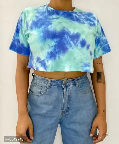 Teal and Blue Dots Tie Dye Cotton Crop Top-thumb0