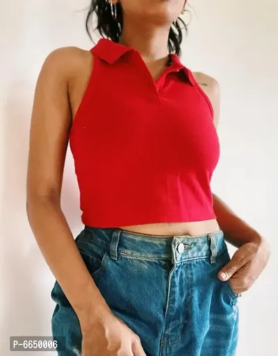 Red Polycotton Polo Neck Crop Top-thumb0