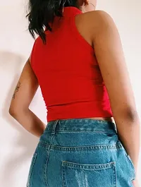 Red Polycotton Polo Neck Crop Top-thumb1