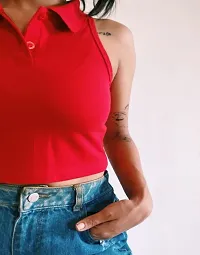 Red Polycotton Polo Neck Crop Top-thumb2