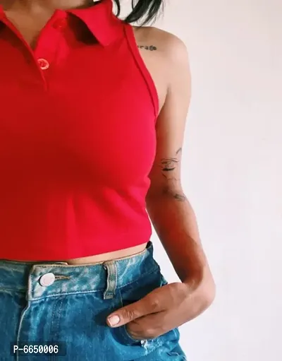 Red Polycotton Polo Neck Crop Top-thumb3
