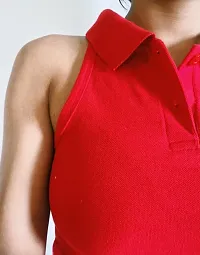 Red Polycotton Polo Neck Crop Top-thumb3