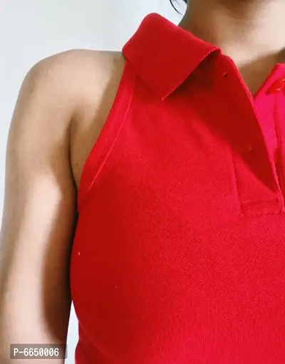 Red Polycotton Polo Neck Crop Top-thumb4