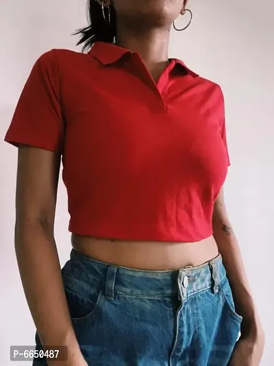 Red Polycotton Polo Neck Crop Top