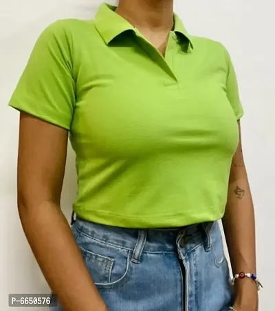 Green Polycotton Polo Neck Crop Top