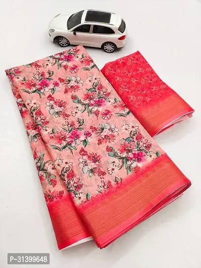 Beautiful Linen Blend Printed  Saree with Blouse piece For Women