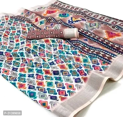 Beautiful Linen Blend Printed  Saree with Blouse piece For Women