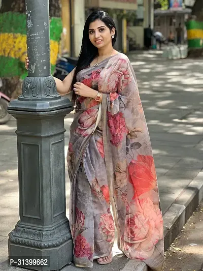 Beautiful Linen Blend Printed  Saree with Blouse piece For Women