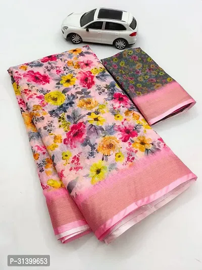 Beautiful Linen Blend Printed  Saree with Blouse piece For Women