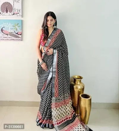 Beautiful Linen Blend Printed  Saree with Blouse piece For Women-thumb0