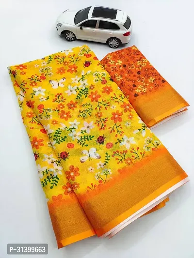 Beautiful Linen Blend Printed  Saree with Blouse piece For Women