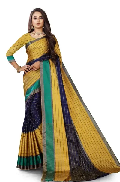 Trendy Multicoloured Cotton Silk Checked Saree with Blouse Piece