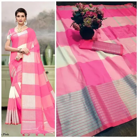 Attractive Cotton Silk Checked Sarees with Blouse Piece