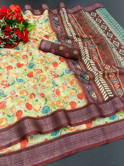 Kalamkari print saree with sequin &amp; zari boder &amp; tussles in pallu with printed blouse.