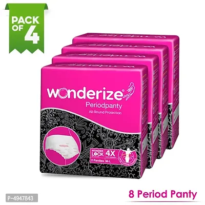Wonderize Super Absorbent Period Panty - Combo of 4 - 8 Panties | Size - M-L with Panty Style Fit & Anti Leak Side Cuffs