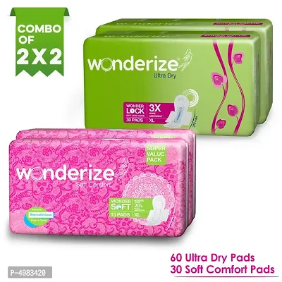 Wonderize Ultra Dry Anti leak XL with 3x Absorption (60 Pads) + Soft Comfort XL Sanitary Napkins (30 Pads) - Combo Pack
