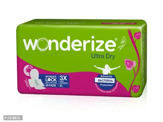 Wonderize Ultra Dry Anti Leak Sanitary Napkins for Women, 30 Pads, Size &ndash; XL 310mm, Super Saver Pack with Anti Bacterial Protection