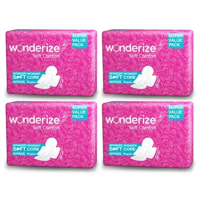 Wonderize Soft Comfort Regular Size Sanitary Napkins - 80 Pads with Four Wall Protection  Odour Control System, Combo Pack