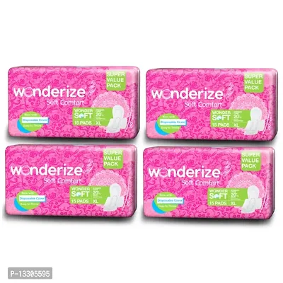 Wonderize Soft Comfort Extra Absorption XL Sanitary Napkins - 60 Pads with Uniquely Shaped Flaps  Soft Cover, Combo Pack-thumb0
