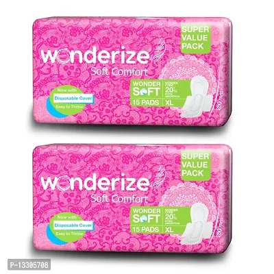 Wonderize Soft Comfort Extra Absorption XL Sanitary Napkins - 30 Pads with Uniquely Shaped Flaps  Soft Cover, Combo Pack-thumb0