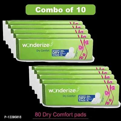 Wonderize Dry Comfort XL Sanitary Napkins for Women, 80 Pads (Combo of 10) Size &ndash; 275 mm