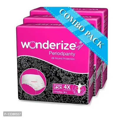 Wonderize Super Absorbent Period Panty - Combo of 3 - 6 Panties | Size - M-L with Panty Style Fit  Anti Leak Side Cuffs-thumb0