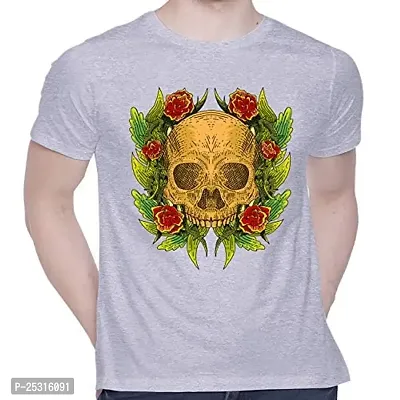 Trendy Grey Cotton Blend Printed Round Neck Tees For Men